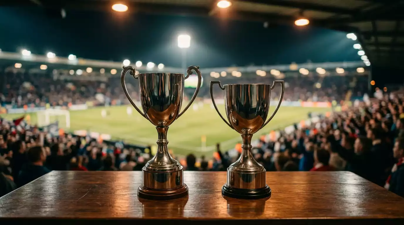 Europa-League- und Conference-League-Pokal nebeneinander auf einem Tisch