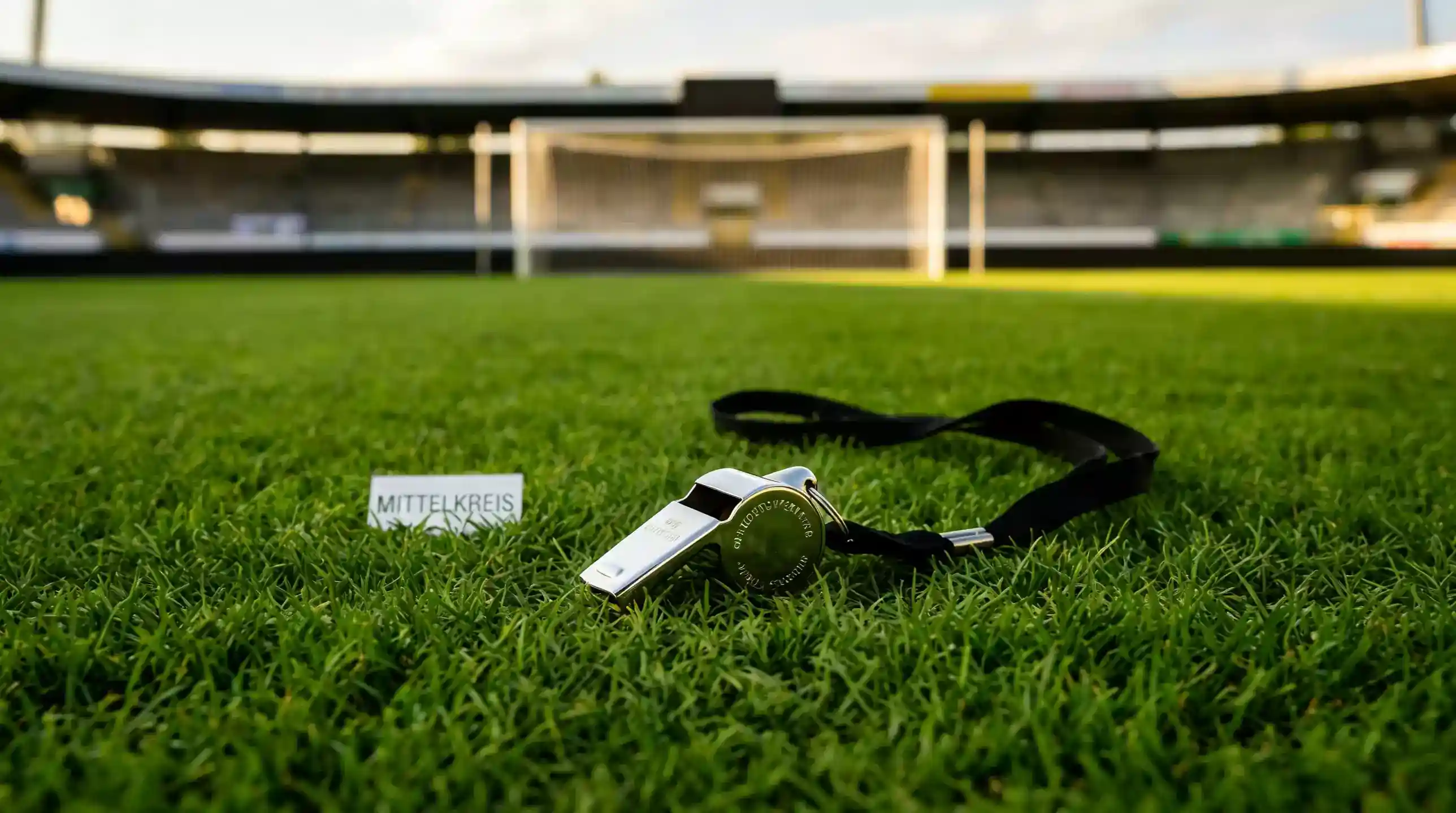 Schiedsrichterpfeife auf dem grünen Rasen eines Fußballstadions als Symbol der Spielintegrität