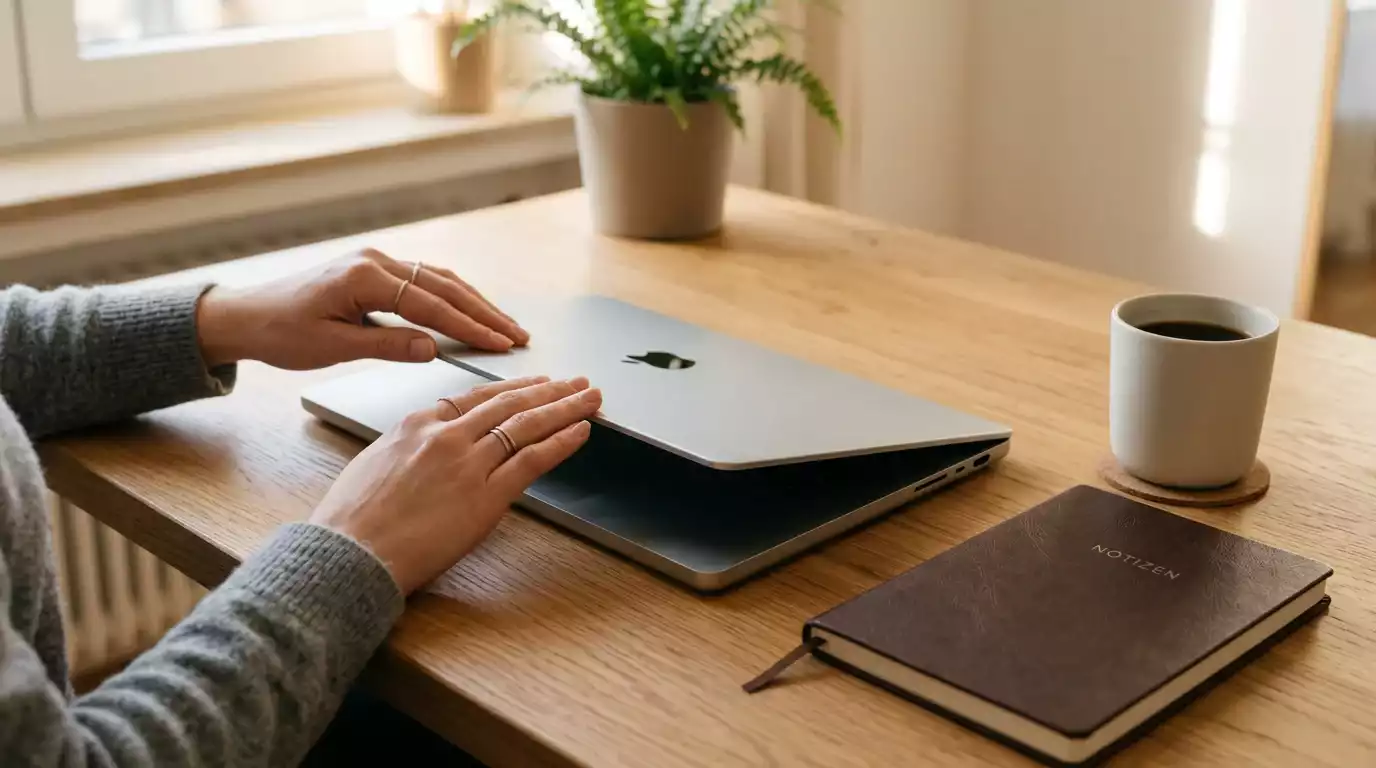 Person schließt Laptop am Schreibtisch als Symbol für Selbstausschluss bei Sportwetten