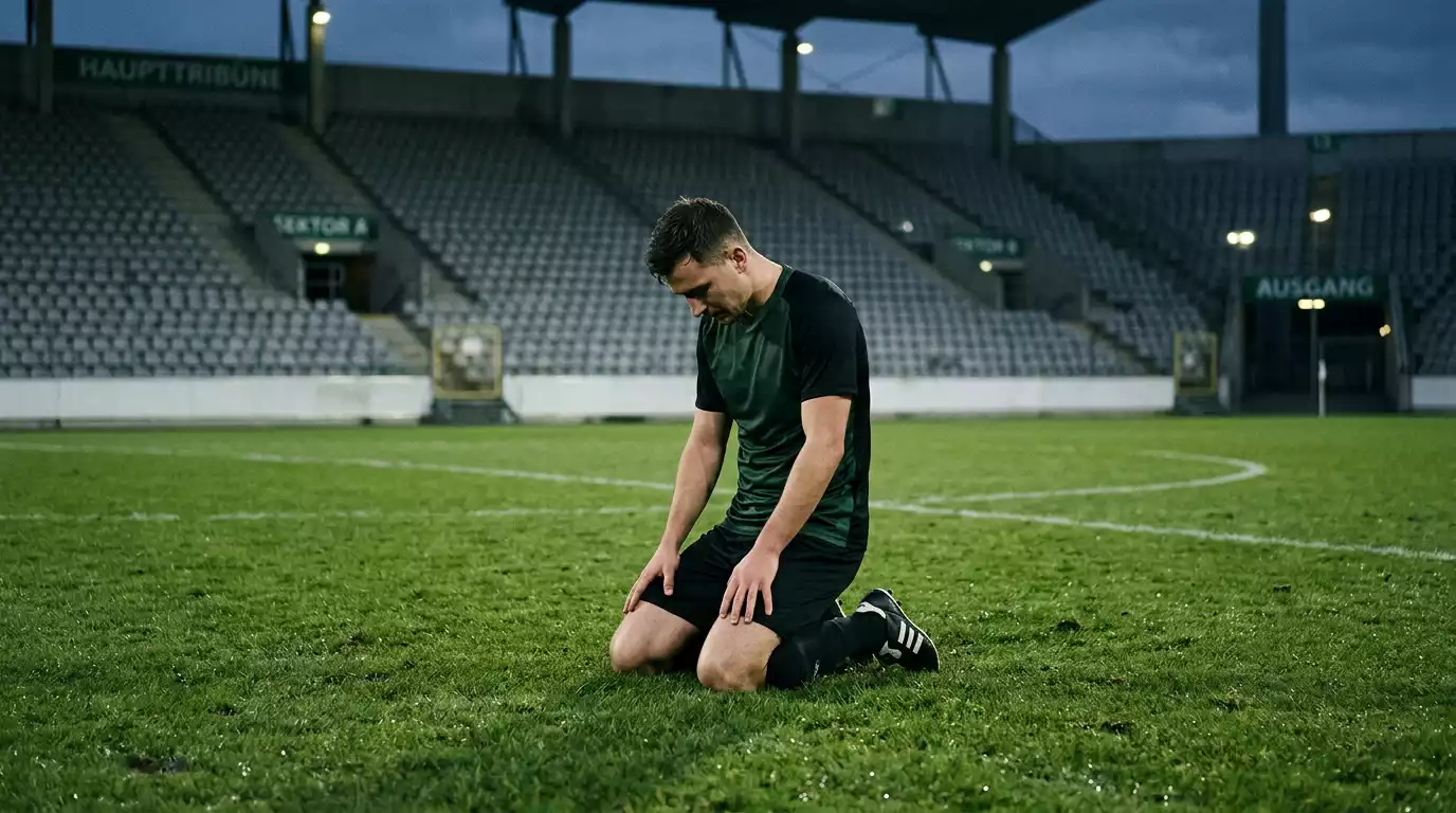 Fußballer auf dem Rasen kniet am Saisonende vor leeren Tribünen