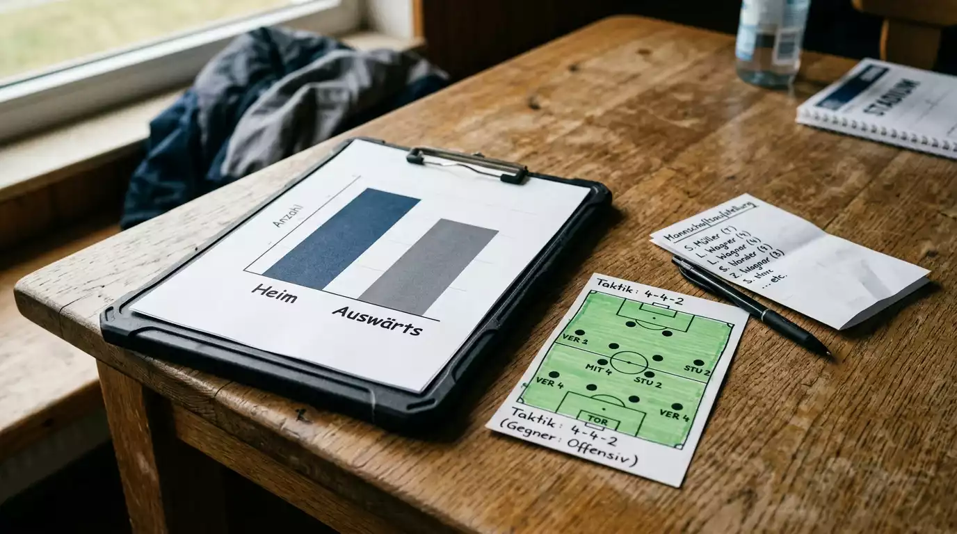 Taktiktafel mit Aufstellungen und einfacher Balkengrafik zu Toren pro Spiel auf einem Schreibtisch