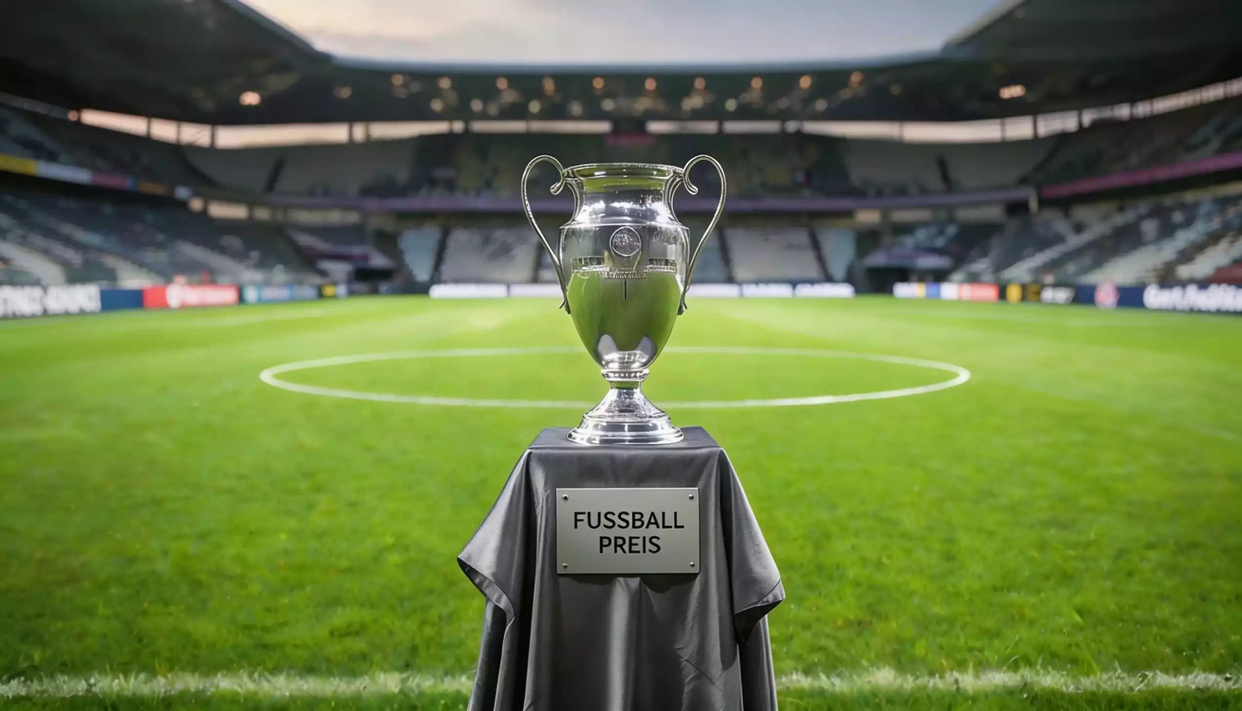 Champions-League-Pokal auf einem Sockel im Mittelkreis eines Fußballstadions mit leeren Tribünen im Hintergrund